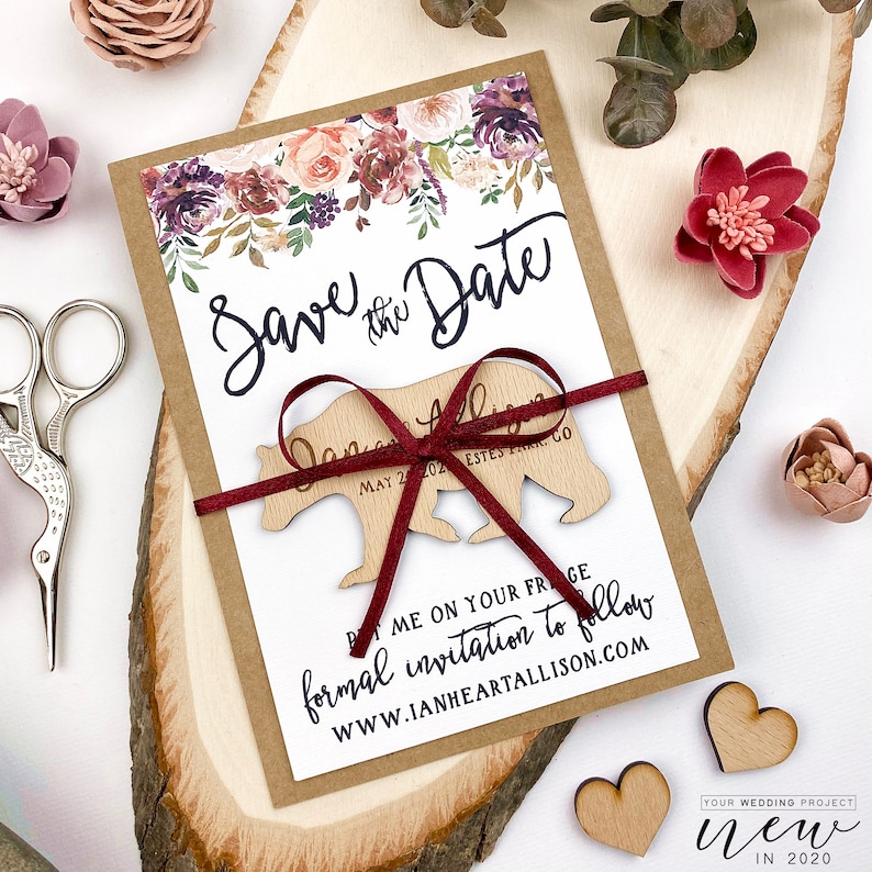 Custom Wedding Magnet Card Bear Magnet Burgundy Floral Save the Date Backing Card for your own Save the Date Magnet Wedding invitation