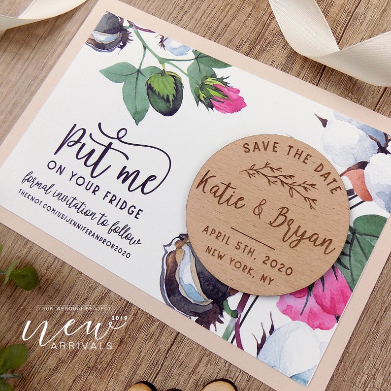 Custom Floral Wedding Magnet Cotton Save the Date Magnet Wood Save the Date Magnet Personalized Wedding Card Rustic Wooden Invitation