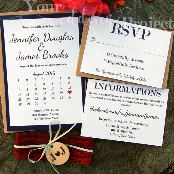 Calendar Wedding Invitation Set with Wood Tag Lace & Satin Etsy