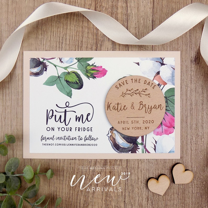 Custom Floral Wedding Magnet Cotton Save the Date Magnet Wood Save the Date Magnet Personalized Wedding Card Rustic Wooden Invitation