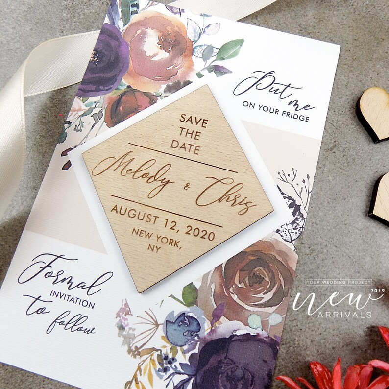 Rustic Wedding Favor Burnt Orange Save the Date Custom Wedding Magnet Merlot Save the Date Floral Wedding Invitation Wood Save the Date