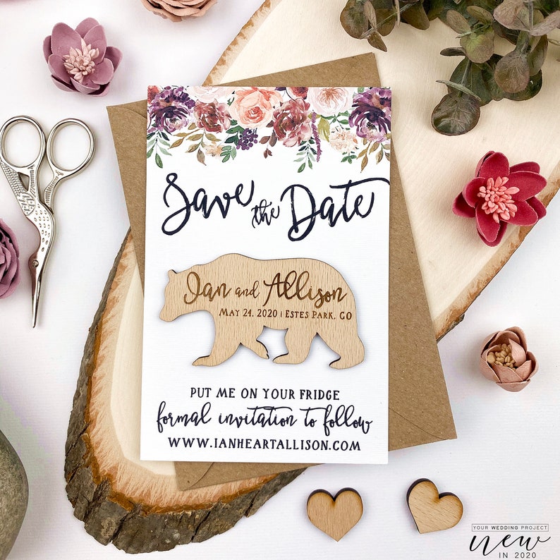 Custom Wedding Magnet Card Bear Magnet Burgundy Floral Save the Date Backing Card for your own Save the Date Magnet Wedding invitation