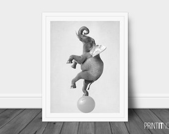 Elephant Swinging Poster, Nursery Animal Decor Wall Art, Large Printable Poster, Digital Download, Modern Minimalist Decor, Black and White