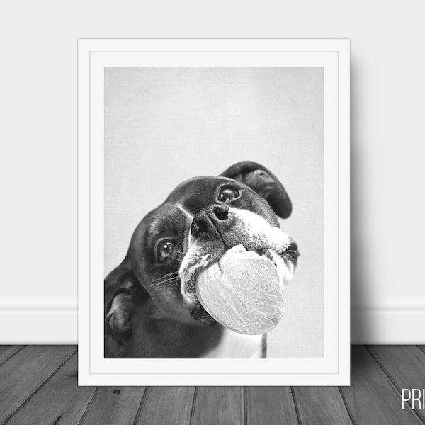 Happy Dog Print, Nursery Animal Decor Wall Art, Large Printable Poster, Digital Download, Modern Minimalist Decor, Black and White Poster