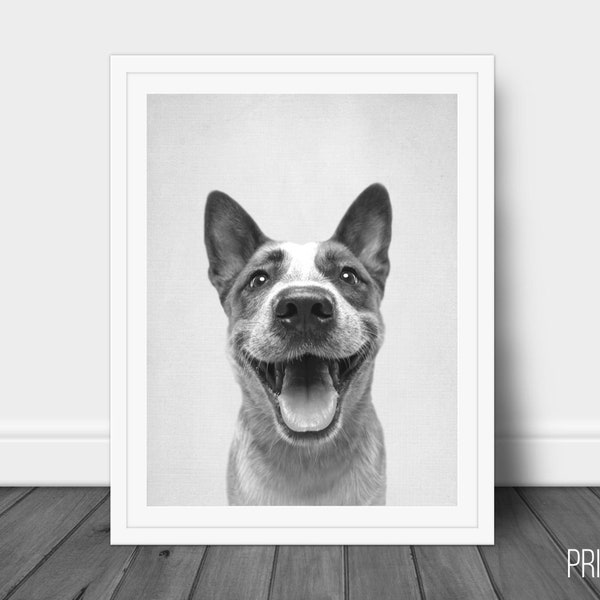 Dog Smile Print, Nursery Animal Decor Wall Art, Large Printable Poster, Digital Download, Modern Minimalist Decor, Black and White Poster