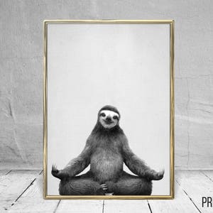 Yoga Sloth Print, Nursery Animal Decor Wall Art, Large Printable Poster, Digital Download, Modern Minimalist Decor,Black and White