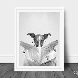 Dog with Newslatter Print, Nursery Animal Decor Wall Art, Large Printable Poster, Digital Download, Modern Minimalist Decor, Black and White