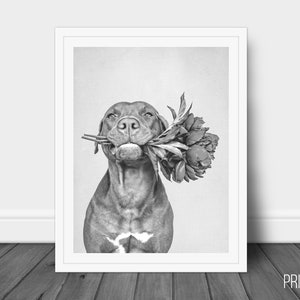 Dog Bright Flowers Cute Print,  Dog Decor Wall Art, Large Printable Poster, Digital Download, Modern Minimalist Decor, Black and White