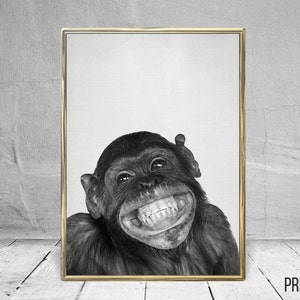 Monkey Print, Nursery Animal Decor Wall Art, Large Printable Poster, Digital Download, Modern Decor, Black and White