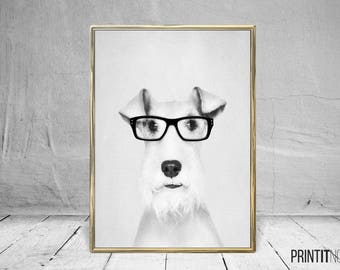 Dog with Glasses Print, Nursery Animal Decor Wall Art, Large Printable Poster, Digital Download, Modern Minimalist Decor, Black and White