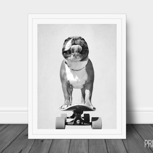 Bulldog op skateboard print, kinderkamer dieren decor kunst aan de muur, grote afdrukbare poster, digitale download, modern minimalistisch decor, hondenposter