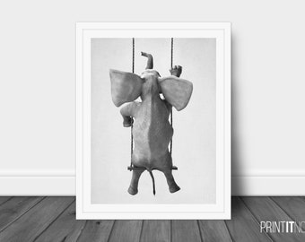 Elephant Swinging Poster, Nursery Animal Decor Wall Art, Large Printable Poster, Digital Download, Modern Minimalist Decor, Black and White