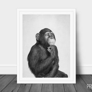 Monkey Print, Nursery Animal Decor Wall Art, Large Printable Poster, Digital Download, Modern Minimalist Decor, Black and White Poster