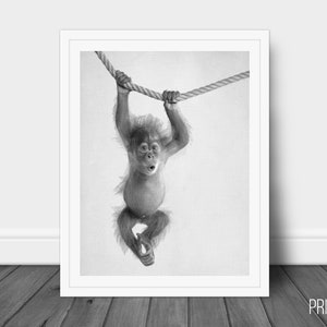 Happy Monkey Print, Dog Decor Wall Art, Large Printable Poster, Digital Download, Modern Minimalist Decor, Black and White, Monkey Poster