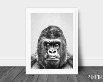 Gorilla Print, Nursery Animal Decor Wall Art, Large Printable Poster, Digital Download, Modern Minimalist Decor, Black and White Poster