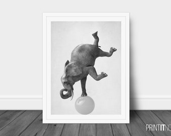 Elephant Swinging Poster, Nursery Animal Decor Wall Art, Large Printable Poster, Digital Download, Modern Minimalist Decor, Black and White