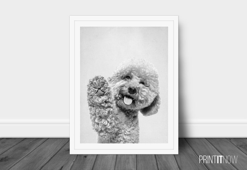 Hello Happy Dog Poster, Nursery Animal Decor Wall Art, Large Printable Poster, Digital Download, Modern Minimalist Decor, Black and White image 1