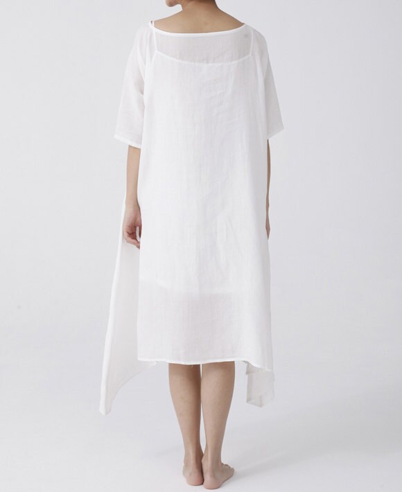 Womens White Linen Dress,boat Neck Dress,thin Soft Short Sleeve Midi ...