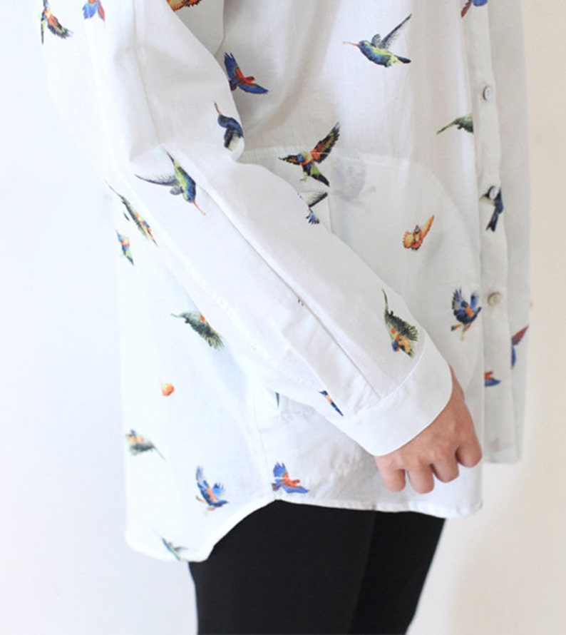 Womens Cotton Shirt BlouseColorful Birds Print Long Sleeve Etsy