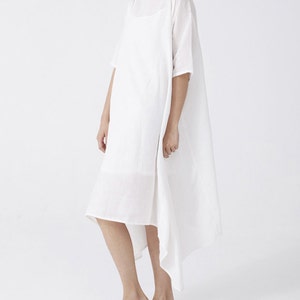 Womens White Linen Dress,Boat Neck Dress,Thin Soft Short Sleeve Midi Dress Tunic