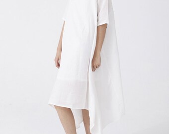 Womens White Linen Dress,Boat Neck Dress,Thin Soft Short Sleeve Midi Dress Tunic