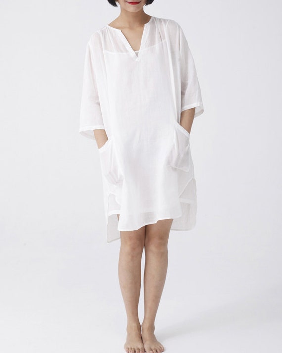White Linen Dress Tunic Thin Soft 3/4 Sleeve V Neck Loose - Etsy