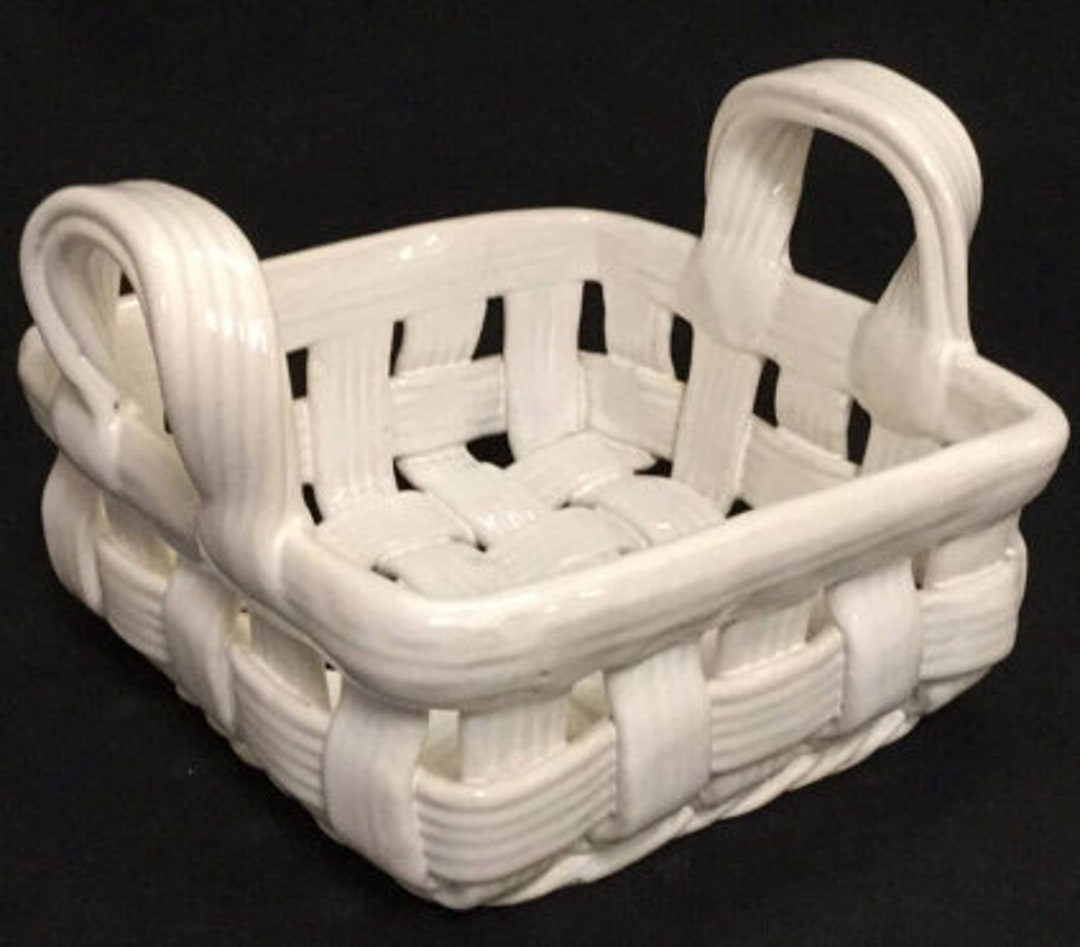 White Square Ceramic Basket Weave Bowl W/ Handles COLLECTIBLE Etsy