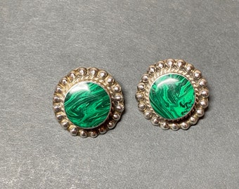 Vintage Sterling Silver green malachite GemStone Mexico modern round circle  Statement Earrings