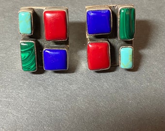 Vintage Sterling Silver GemStone Mexico modern rectangle Abstract Statement Earrings