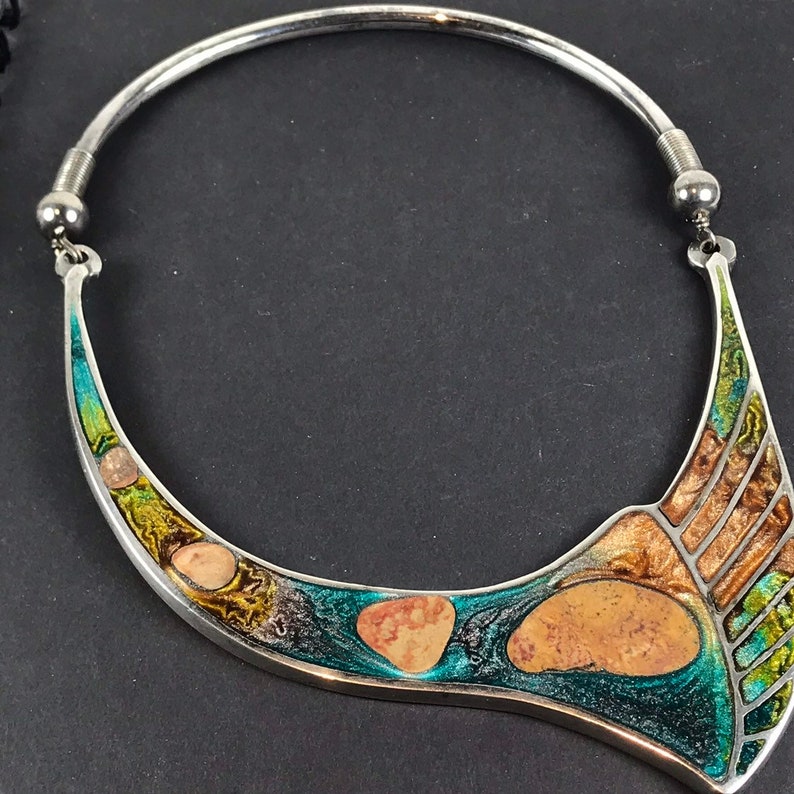 Vintage Boho Festival Abstract Blue Green Silver Choker Necklace