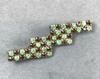 Vintage Schrader Green Brown Rhinestone Zig Zag Pin Brooch