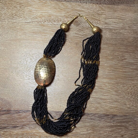 Vintage 70s brass black beaded necklace - image 1