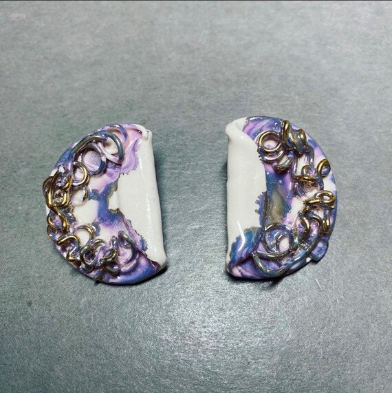 Vintage Artisan purple ceramic statement  earrings - image 1