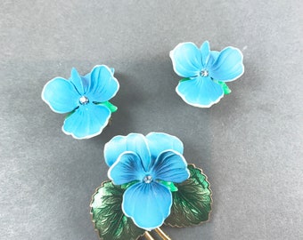 Vintage Blue Pansy Earring and Brooch Set
