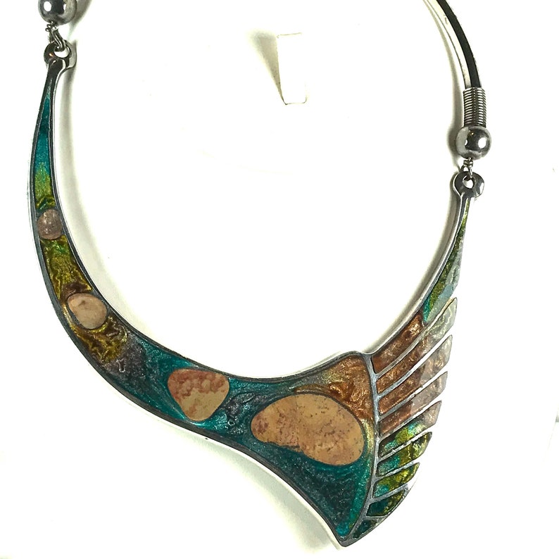 Vintage Boho Festival Abstract Blue Green Silver Choker Necklace