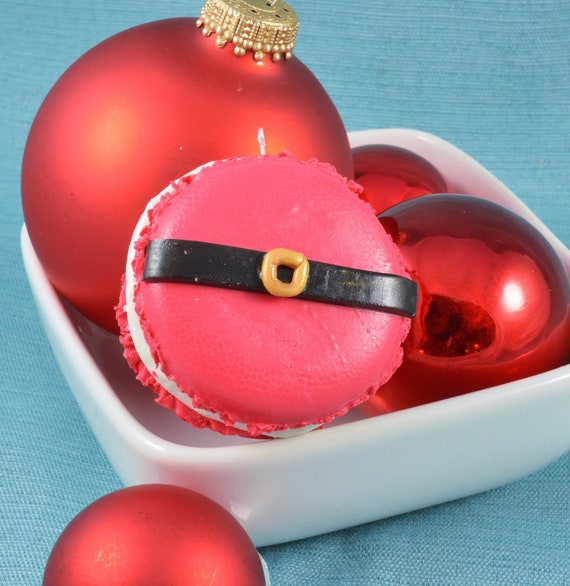 Red Velvet Santa Macaron Christmas Ornamnet, Tree Decoration, French Pastry, Faux Fake Cookie, Red, White, Holiday Decor, Stoking Stuffer