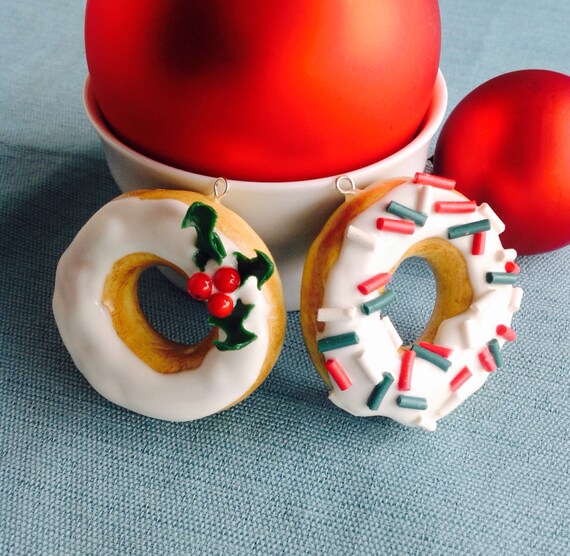 Iced Donut Christmas Ornament, Red, Green, and White Decoration, Vanilla Icing, Holly, Sprinkles, Holiday, Tree Decor, Faux Fake Pastry