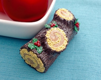 Yule Log Cake Christmas Ornament, Holiday Woodland Decoration, Chocolate Icing, Holly, French Pastry, Canadian Dessert, Faux Fake Food