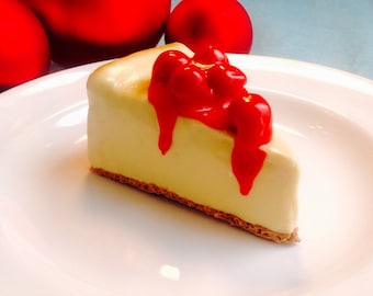 New York Cheese Cake Slice Christmas Ornament, Red and White Decoration, Cherry, Faux Pastry, Fake Dessert, Holiday Tree Decoration