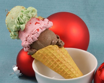 Spumoni Waffle Cone Christmas Ornament, Faux Ice Cream, Cherry, Pistachio, Chocolate, Italian Dessert, Triple Scoop, Soda Shop