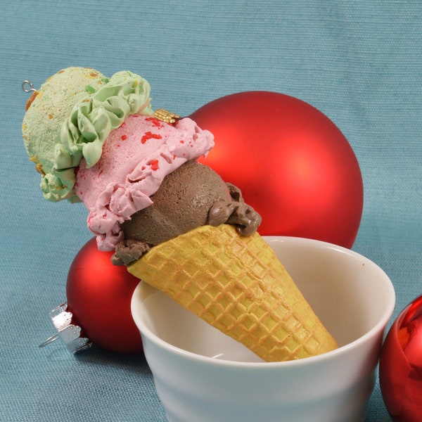 Spumoni Waffle Cone Christmas Ornament, Faux Ice Cream, Cherry, Pistachio, Chocolate, Italian Dessert, Triple Scoop, Soda Shop