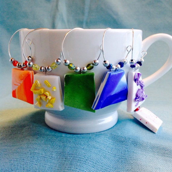 Abstract Wine Charms, Set of 6, Coffee or Tea Cup Charm, Hostess Gift, Red, Orange, Yellow, Green, Blue, Purple, Modern, Contemporary
