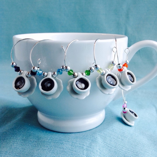 Espresso Cup Wine Glass Charms, Coffee Mug Charms, Party Favor, Birthday Decoration, Hostess Gift, Champagne Charms, Cappuccino, Breakfast