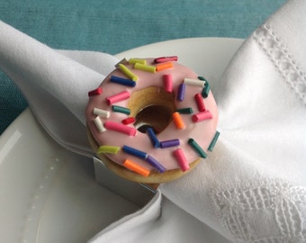 Iced Donut Napkin Rings, Coffee Shop Table Decoration, Faux Pastry, Hostess Gift, Breakfast or Brunch, Spinkles, Pink Icing