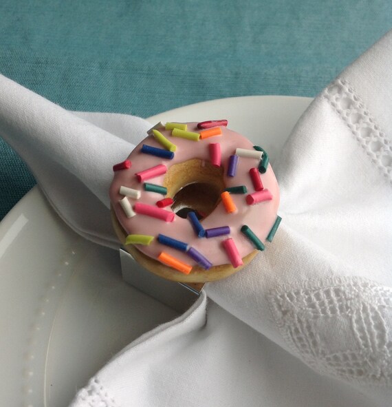 Iced Donut Napkin Rings, Coffee Shop Table Decoration, Faux Pastry, Hostess Gift, Breakfast or Brunch, Spinkles, Pink Icing