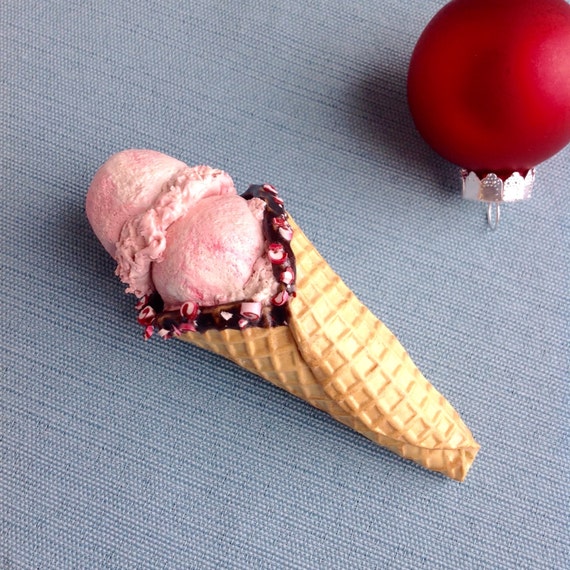 Peppermint Waffle Cone Christmas Ornament, Faux Ice Cream, Chocolate, Tree Decoration, Red, Holiday Decor, Crushed Candy Cane, Double Scoop