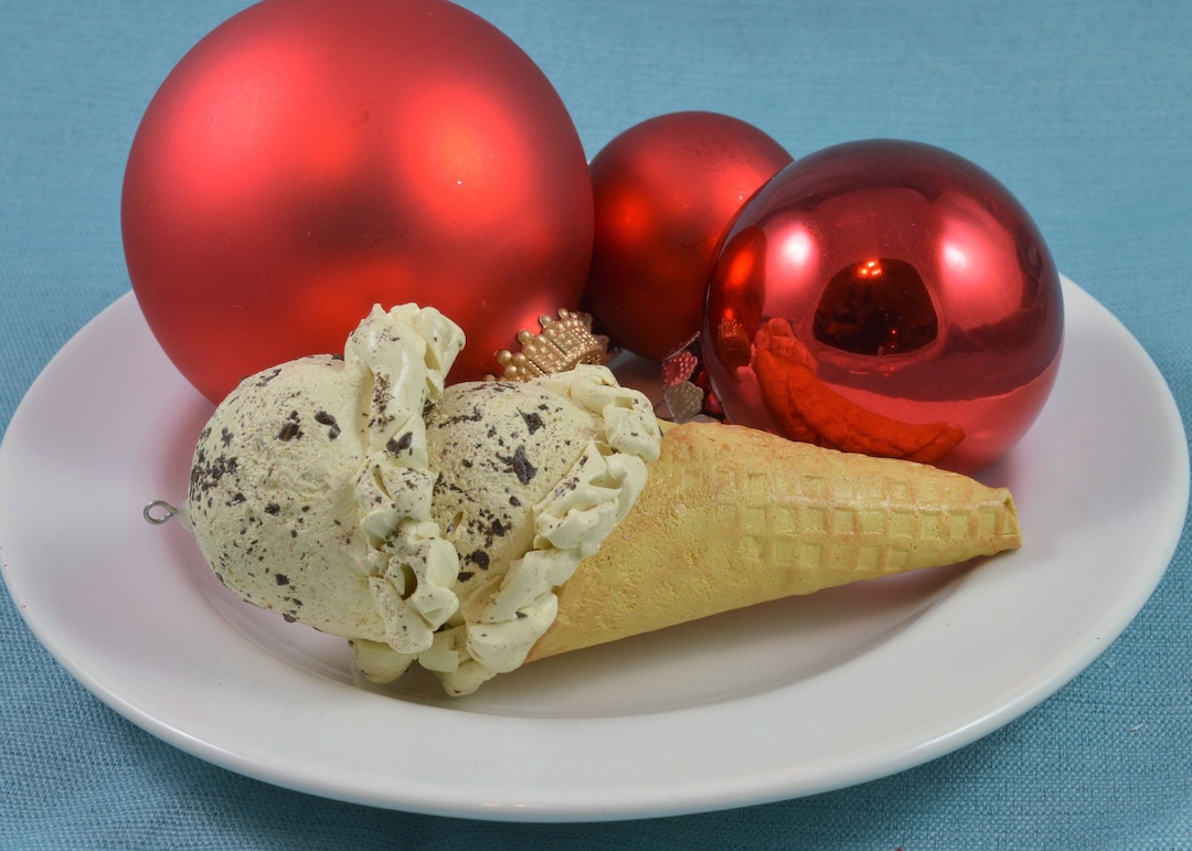 Double Scoop Chocolate Chip Waffle Cone Christmas Ornament, Faux Ice