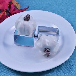 May include: Two white chocolate pumpkins with chocolate stems on a white plate. The pumpkins are in metal pumpkin-shaped molds.