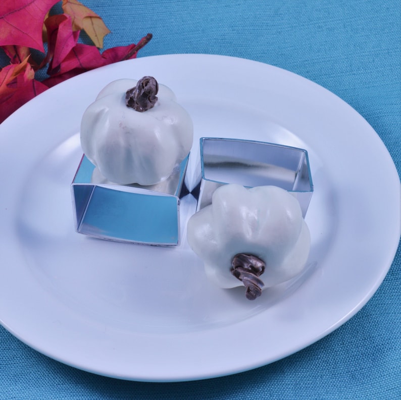 May include: Two white chocolate pumpkins with chocolate stems on a white plate. The pumpkins are in metal pumpkin-shaped molds.