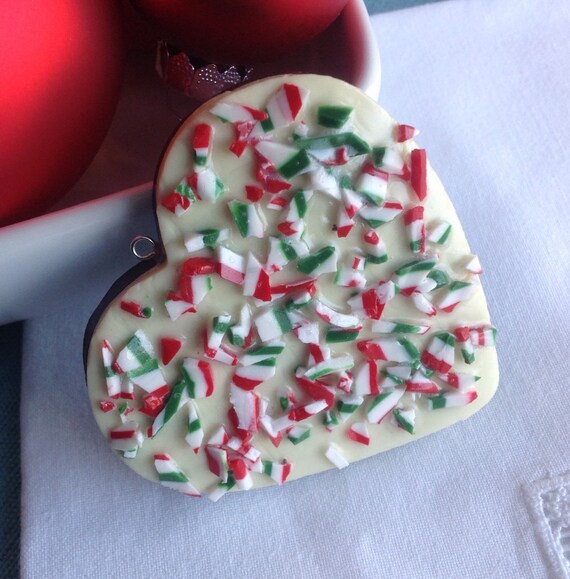 Chocolate Peppermint Bark Christmas Ornament, Red, Green, Brown, and White Decoration, White and Milk Chocolate, Crushed Candy Cane, Heart